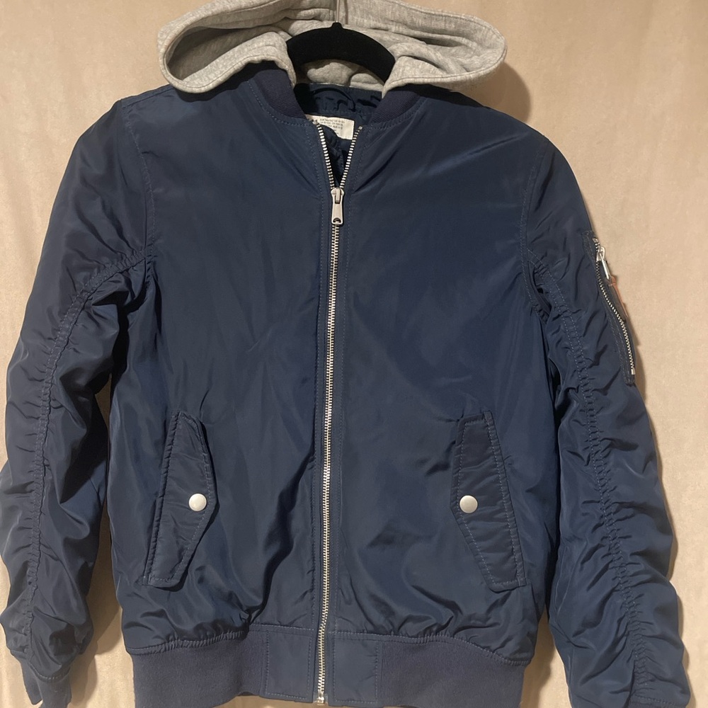 H&M Dark Blue Bomber Jacket with Gray Hood
